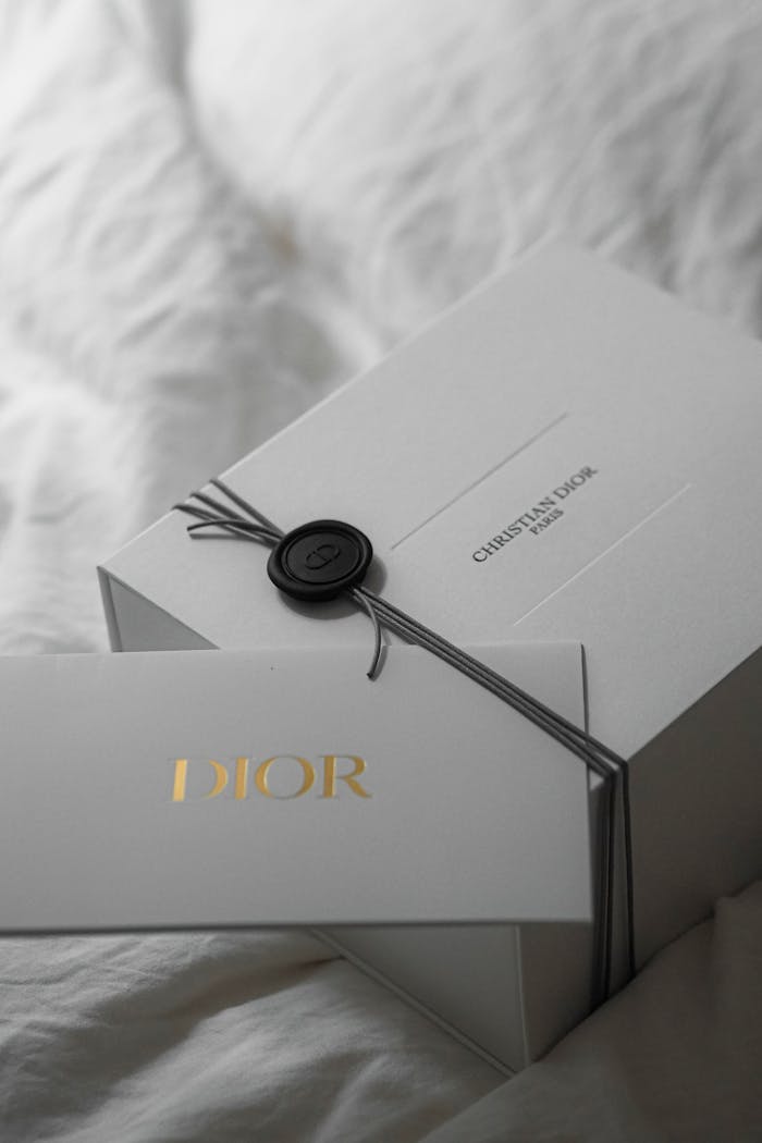 Sophisticated Dior packaging in luxurious Paris setting, perfect for fashion enthusiasts.